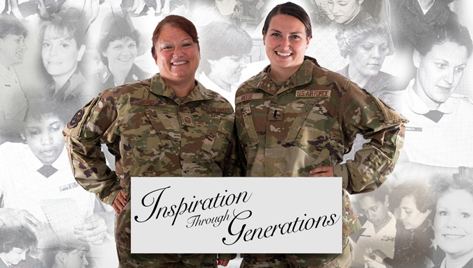 A graphic showing a mother and daughter serving together for Women's Equality Day